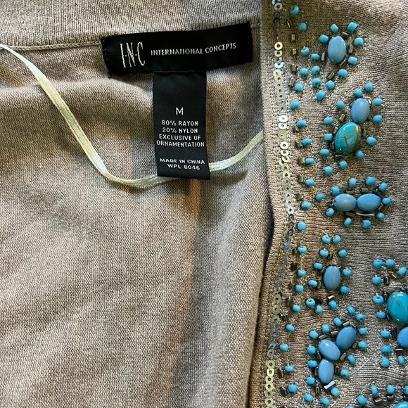 INC INTERNATIONAL CONCEPTS Short Cardigan Tan w Turquoise Beading Sz M - Picture 4 of 4